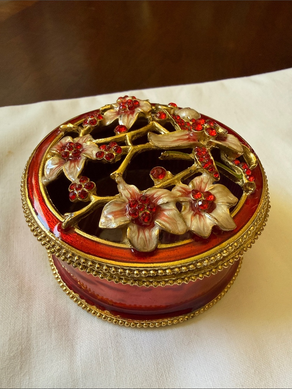 Ornate Floral Red Enamel & Rhinestones Jeweled Trinket Box